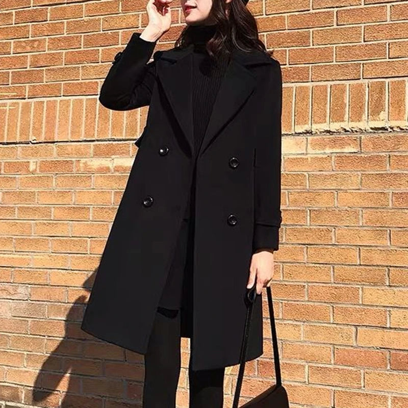 Women Autumn Winter Black Woolen Coat Female Suit Collar Korean Fashion Wool Blend Overcoat Mid Length Add Cotton Warm Jacket
