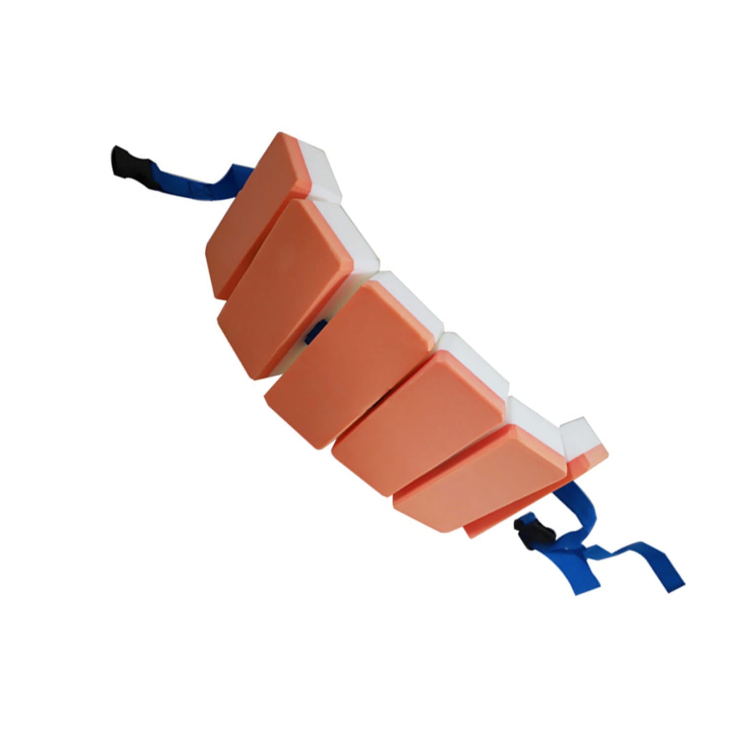 Ceinture de nage flottante pour le dos en mousse EVA segmentée orange et blanche, pour enfants, avec des sangles bleues.
