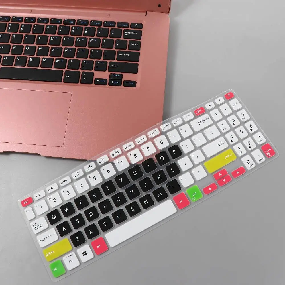Colorful silicone laptop keyboard cover for 15.6 inch laptops with black white red yellow and green keys.