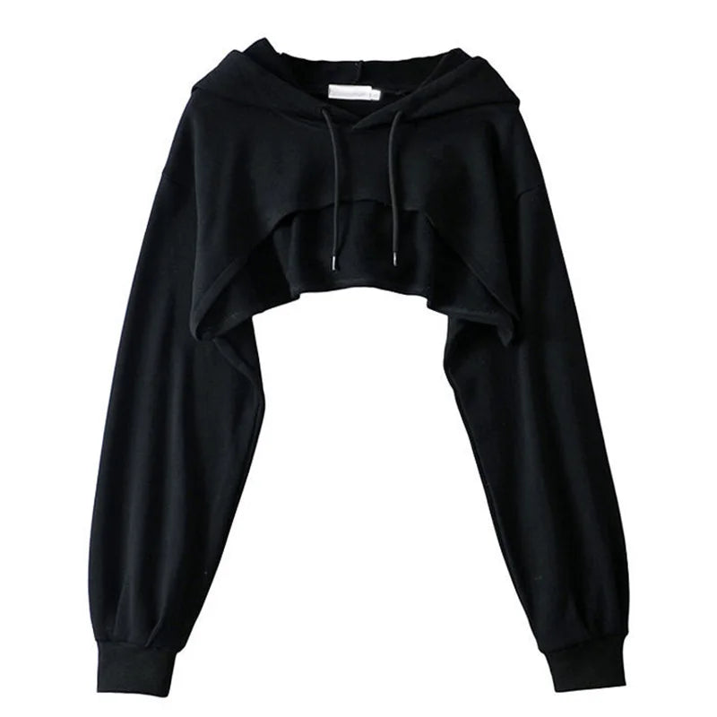 Women's Cropped Hooded Sweatshirt Solid Color Long Sleeve Front Hollow Out Short Hoodies Sweater Spring Autumn Streetwear