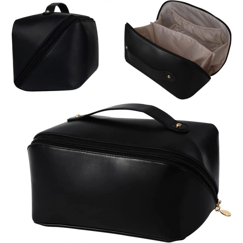 Beige Stoff-Reise-Make-up-Tasche und Kosmetikorganizer mit schwarzer Kunstleder-Außenhülle mit goldtönigem Reißverschluss und Griff.