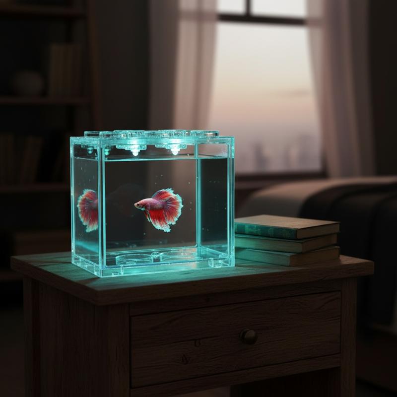 積み重ね可能なアクリル製ベタ魚水槽デスクトップボックス。内蔵LED照明を備えた、鮮やかな赤と白のベタ魚を収容する半透明の立方体形状の水槽。