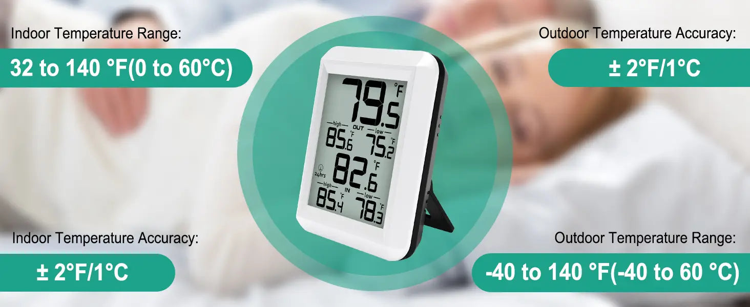 Weißes kabelloses Digitalthermometer für den Innen- und Außenbereich mit einem eleganten rechteckigen Design und einem schwarzen Anzeigedisplay zur Anzeige von Temperaturwerten.