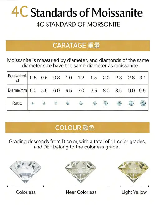 La imagen muestra un diagrama de los estándares 4C para la moissanita, que incluye mediciones de quilataje y gradación de color, de incoloro a amarillo claro, para un collar con colgante de halo de moissanita de plata.