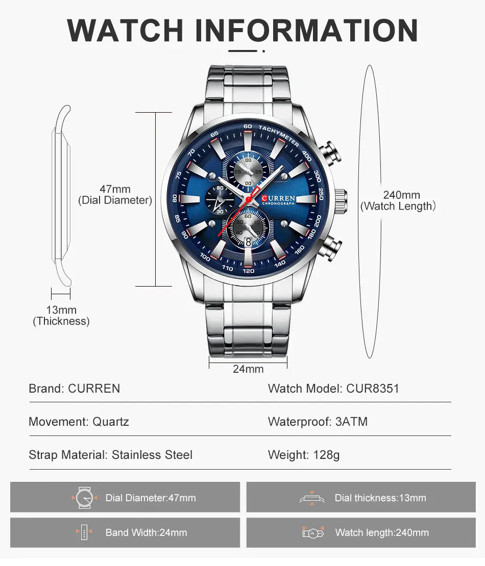 Silver stainless steel Curren mens chronograph watch with a vibrant blue dial and three sub-dials model CUR8351.
