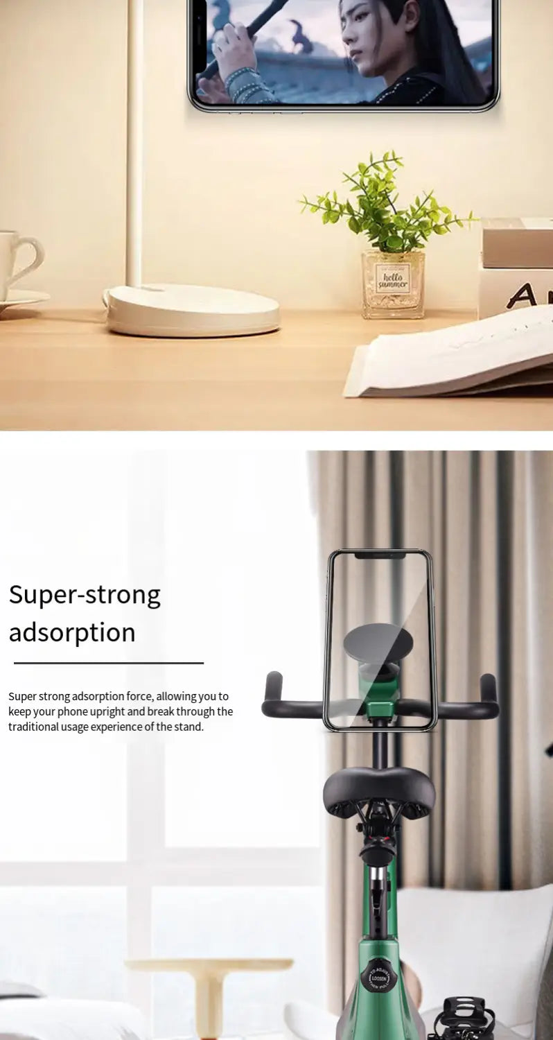 Bicicleta estática verde para ejercicio con un soporte magnético para teléfono de doble cara negro acoplado al manillar.