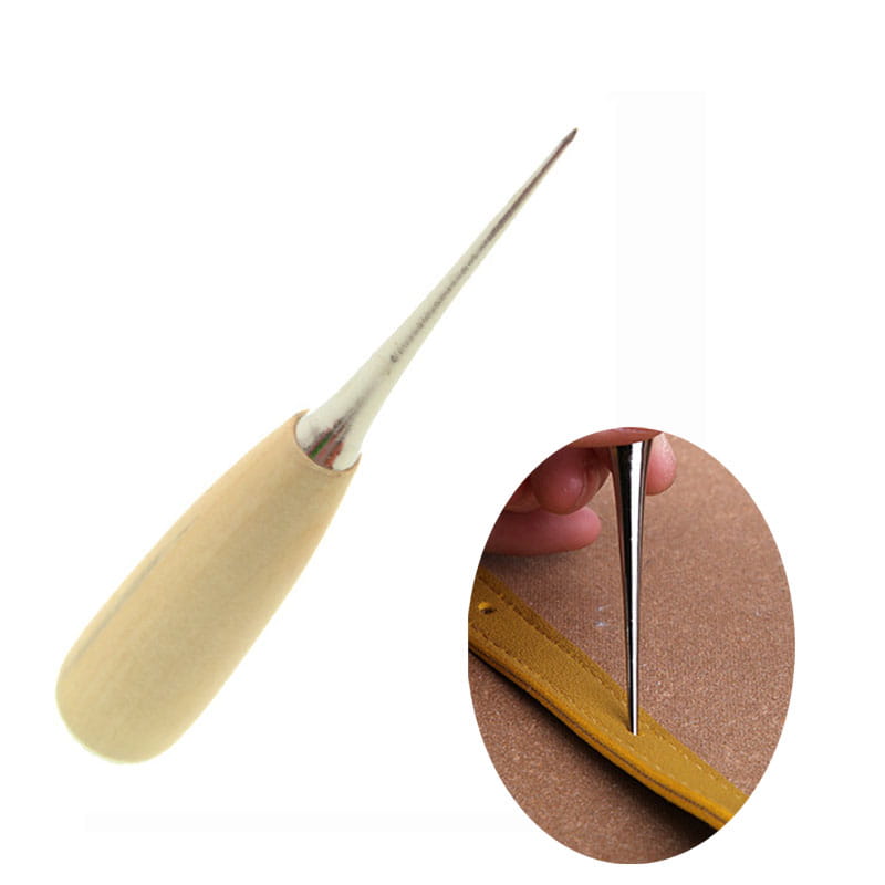 A sleek leather sewing awl with a light beige wooden handle and polished metallic tip designed for precise hole-making in leather crafting.