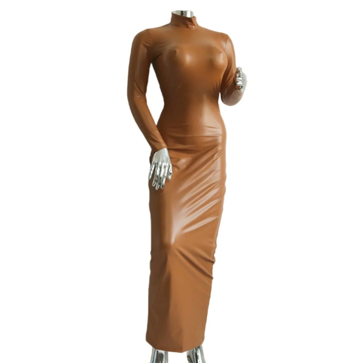 Women's PU Leather Dresses PVC Oil Shiny Elastic Nightclub Party Slimming Bodycon Lift Butt Long Sleeve Woman Elegant Dresses