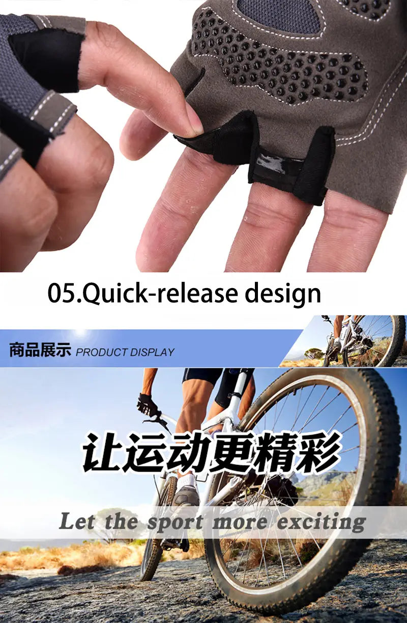 Guantes de ciclismo sin dedos en color gris y negro con paneles de agarre transpirables perforados para su uso en entrenamientos de fitness, mostrados por el lado trasero.