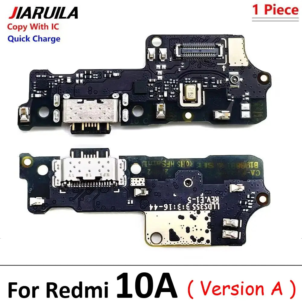 Placa de circuito negro con puerto de carga USB-C plateado e IC chip de color dorado, diseñada como cable flexible de reemplazo para carga USB para Xiaomi Redmi 10a, versión A, con envío mediante China Post y tiempo de protección ampliado.