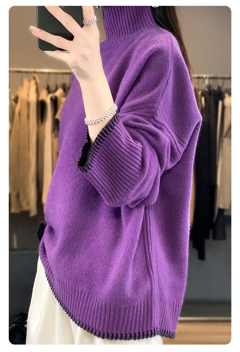 a cozy oversized purple pure wool turtleneck sweater for women with ribbed cuffs and hem in a soft knit material