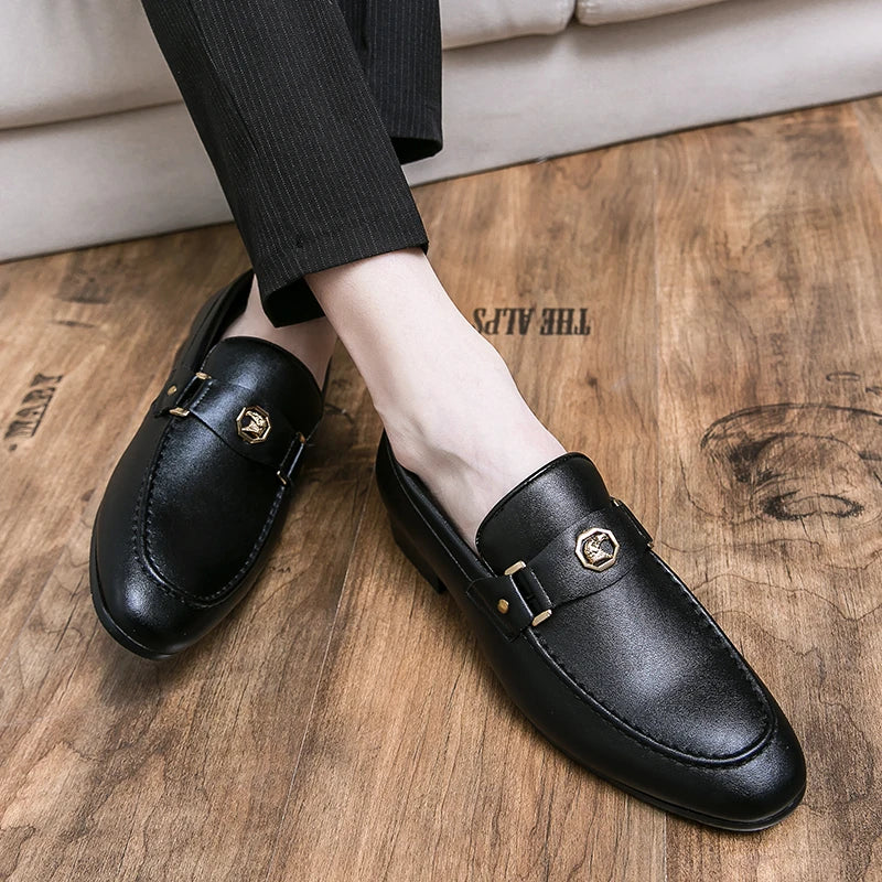 Men Business Dress Casual Fashion Elegant Formal Shoes Slip-on Evening Dress Loafers Party Metal Buckle Wedding Leather Shoes
