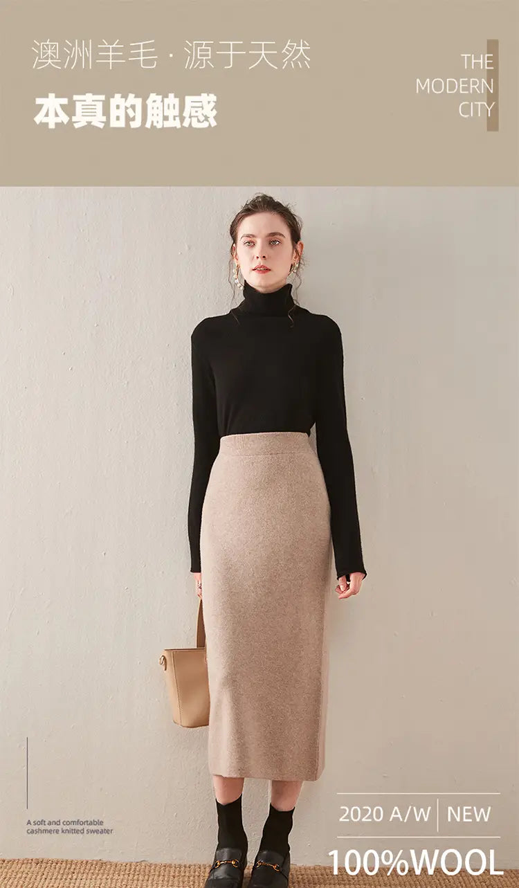 Beige wool knit midi skirt with high waisted pencil silhouette featuring a smooth texture and subtle sheen.