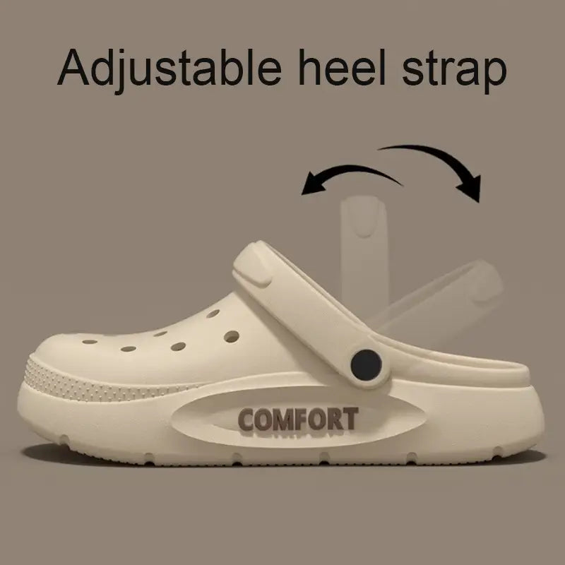Weiße Gummi-Eva Slip-on Cushion Clog-Sandale mit verstellbarem Fersenriemen und Komfort-Branding auf der Sohle.