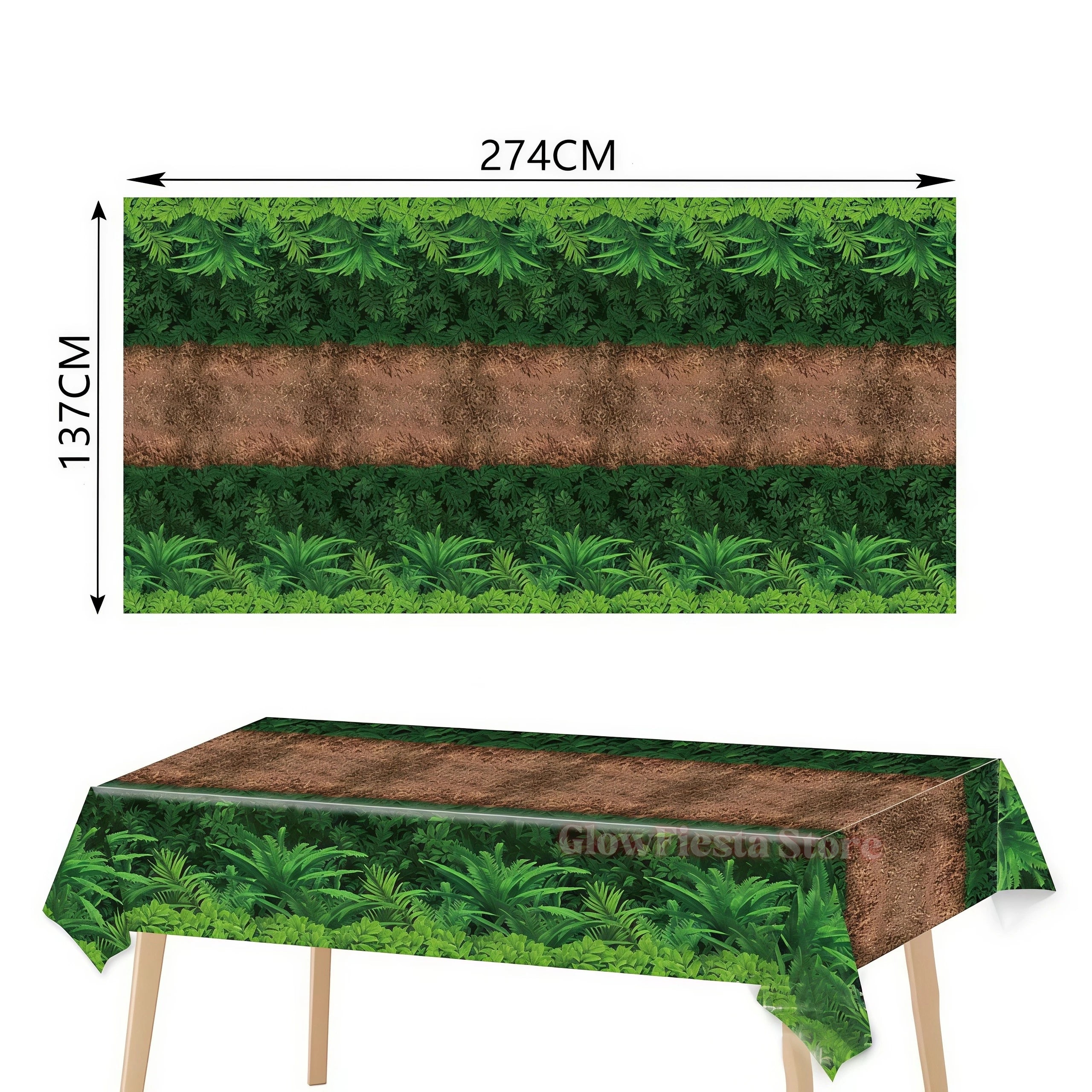 a rectangular glossy plastic dinosaur birthday tablecloth featuring a layered jungle design with vibrant green foliage and brown earth tones for party use