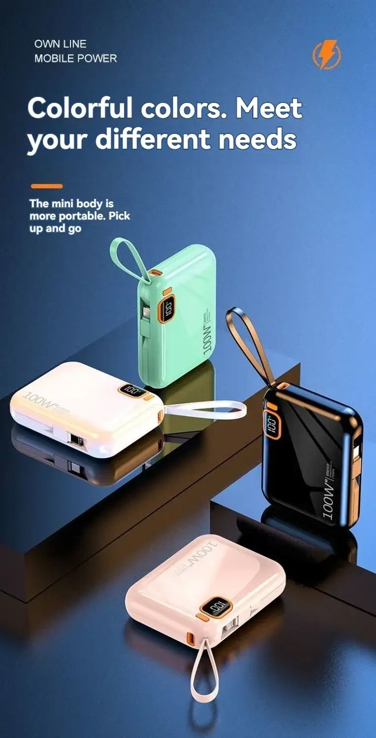 The image displays a sleek rectangular quick charge power bank with rounded edges and a minimalist design in black.