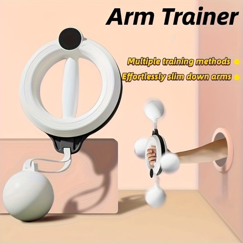 Rotary handheld arm fitness machine in white and black featuring a circular handle, adjustable weight ball attachment, and multiple training methods for effortless arm slimming.