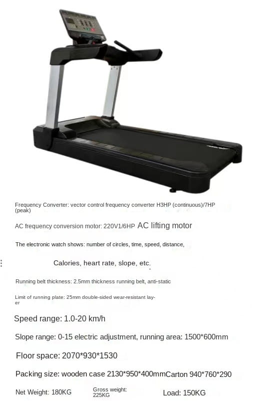 Tapis de course électrique de fitness commercial noir avec cadre argenté et écran d’affichage numérique pour un usage intérieur