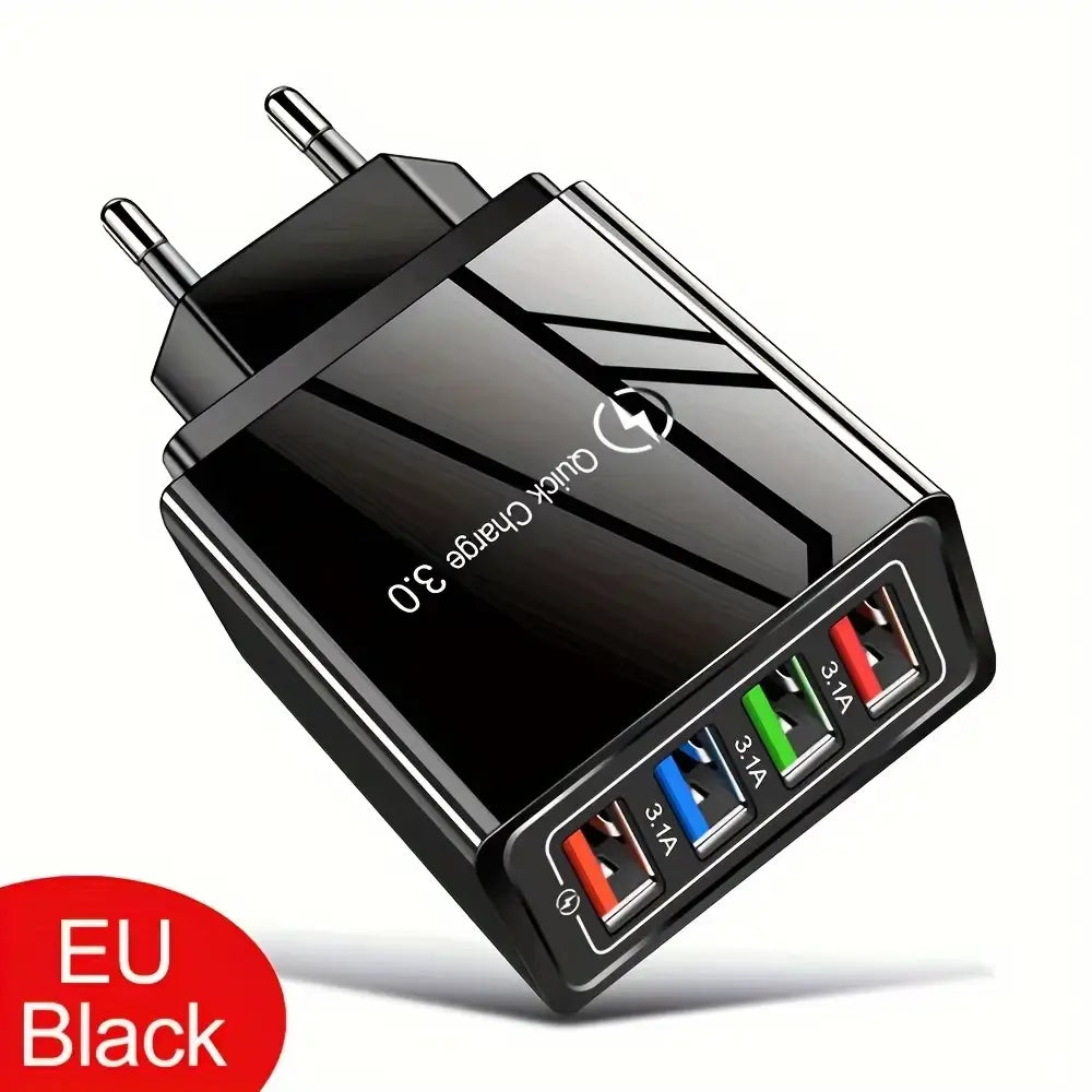 Black eu-style quick charge 4-port usb wall charger with color-coded usb ports for different amperage levels and eu us plug compatibility.