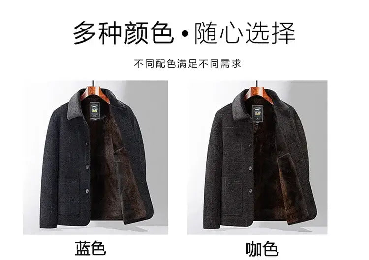Men wool blend winter trench coats in dark blue and coffee colors featuring plush fur-lined collars and pockets.