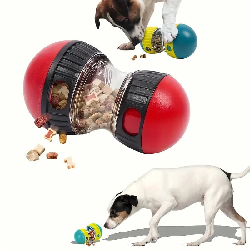 Jouet distributeur interactif de friandises pour chien, distributeur d’alimentation lente, en rouge et noir, avec une section centrale transparente remplie de croquettes de différentes formes.