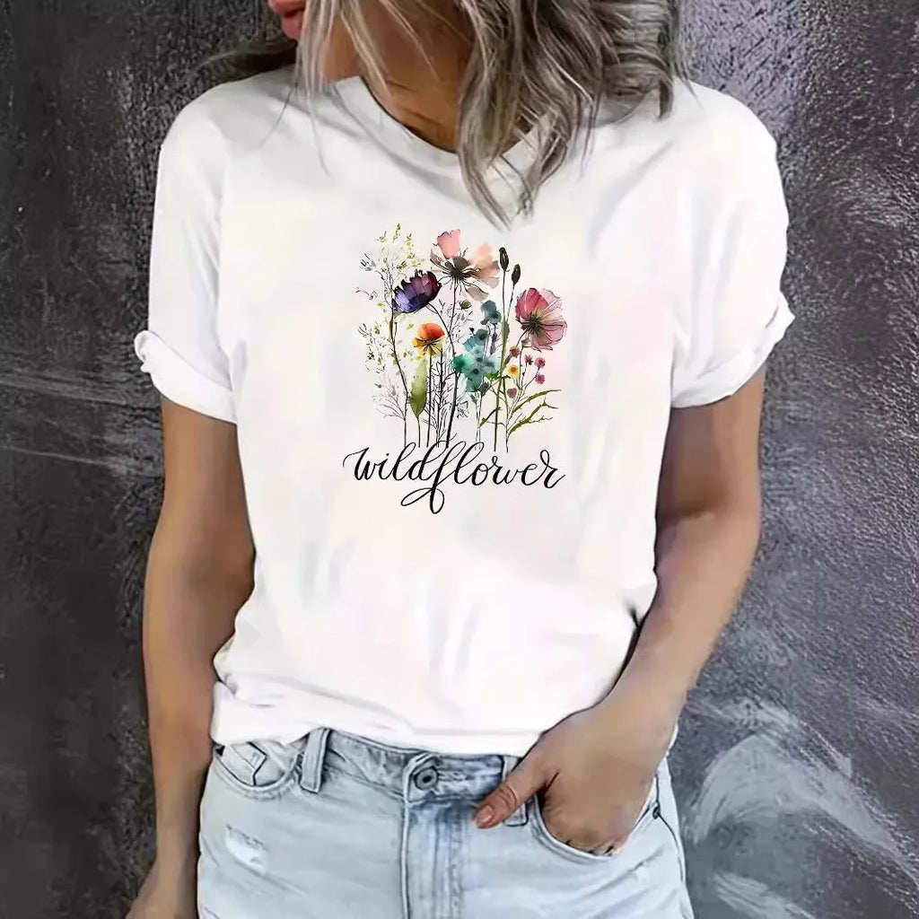 \Women's Short Sleeve Daily Casual Flower Top Women's T-shirt Spring and Summer New Short Sleeve Graphic T Shirts  Aesthetic