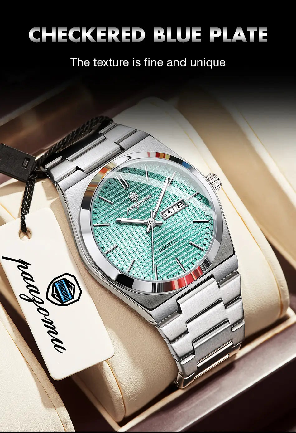 Paazomu luxury chronograph watch featuring a sleek silver-toned stainless steel bracelet and bezel with a textured mint green checkered dial accented by a rainbow-colored ring.