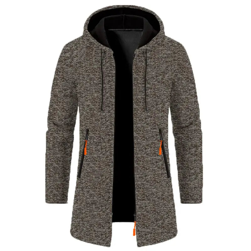 Sudadera con cremallera extragrande para hombre en tejido jaspeado gris con forro interior negro y tiradores de cremallera color naranja.