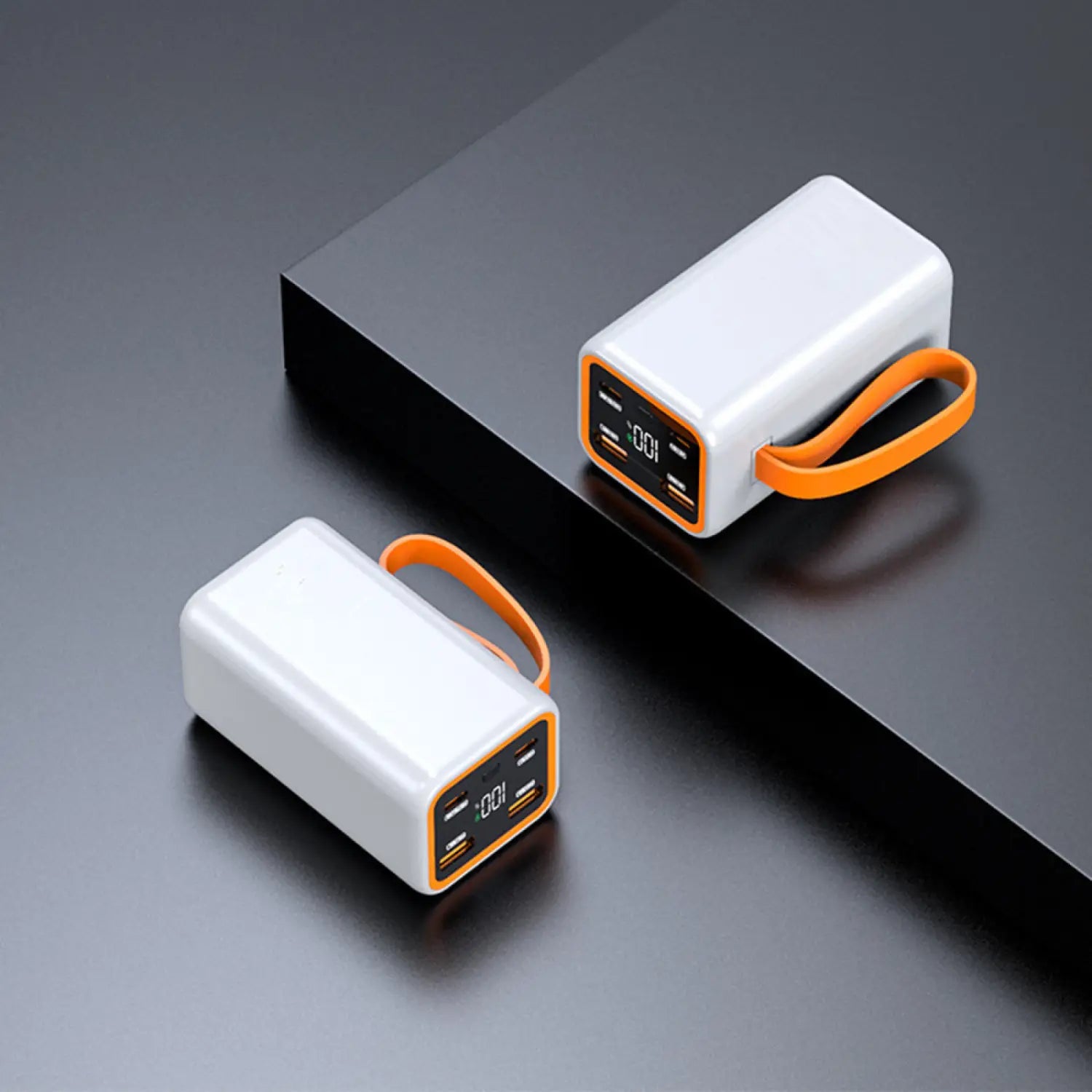 White portable power bank case with orange accents featuring a digital lcd display designed for 4x 21700 batteries supporting 5v2a output.