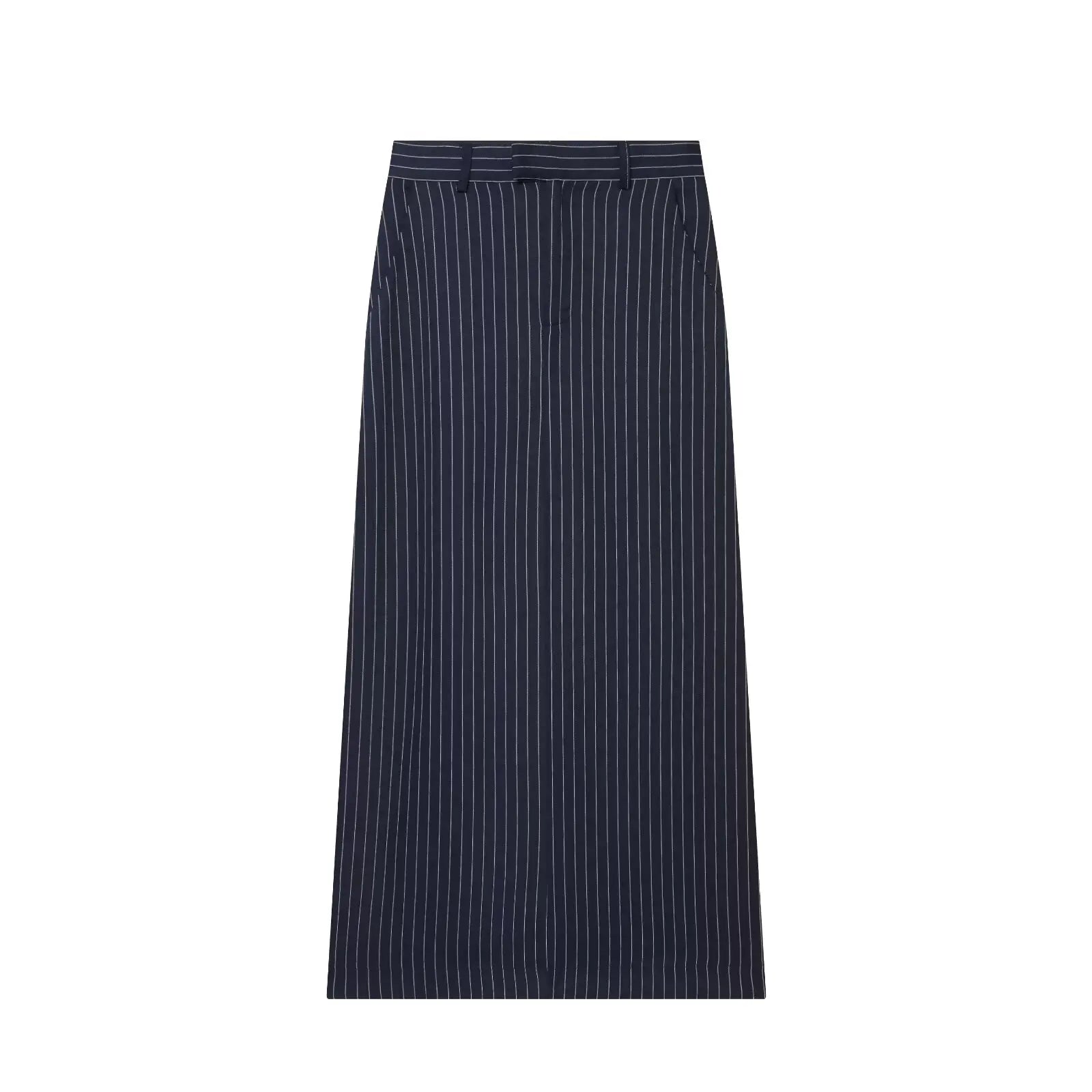 Falda midi azul marino a rayas con tiro alto, con finas pinzas verticales blancas y una silueta de corte recto.
