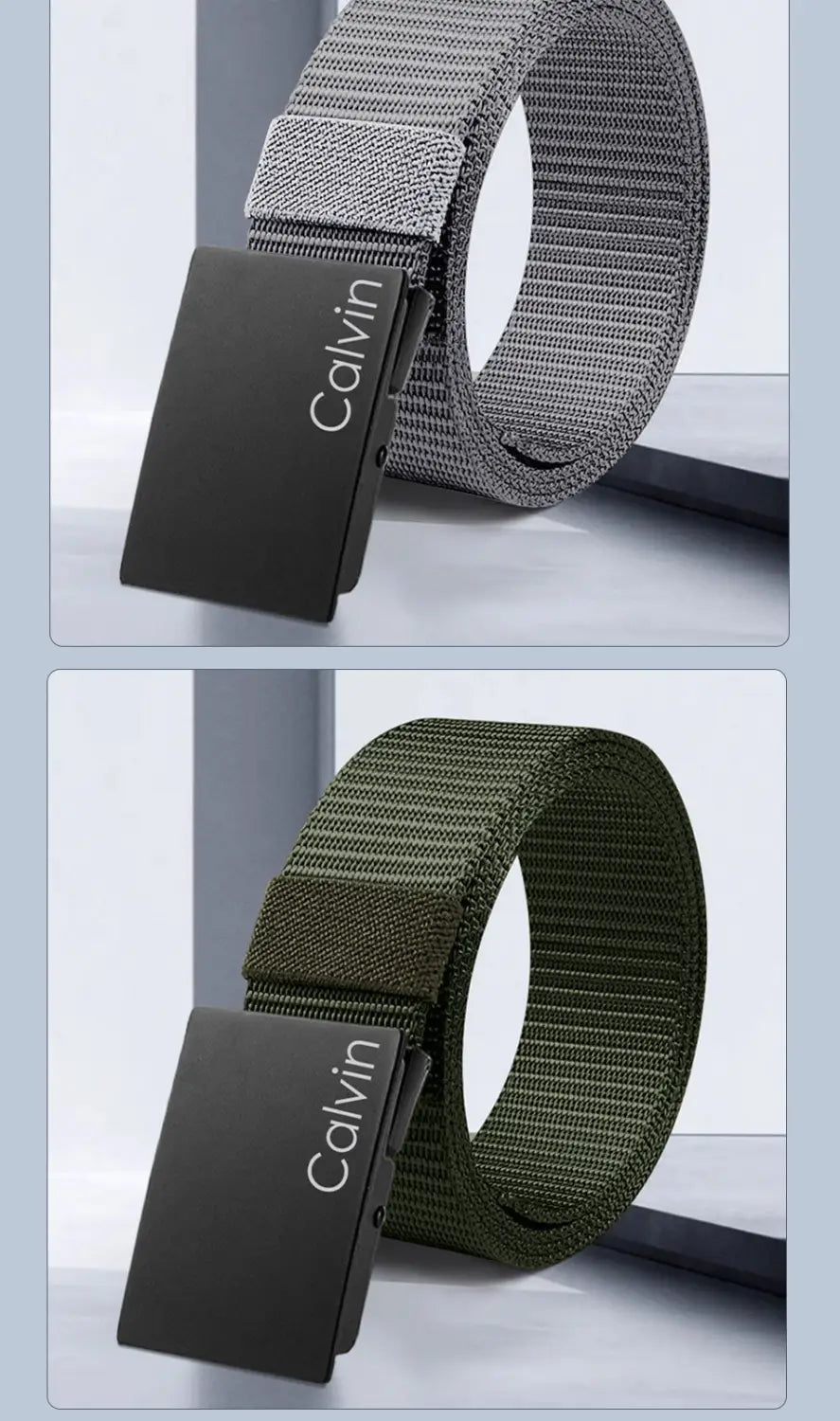 Men canvas belts in gray and olive green with black metal automatic buckles for casual use by Calvin Klein