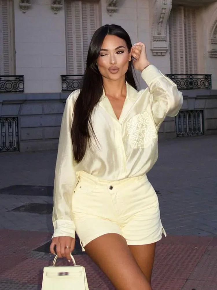 HH Woman Fashion Chic Single-Breasted Embroidery Decorate Slim Translucent Blouses Women Lapel Long Sleeves Loose Shirts