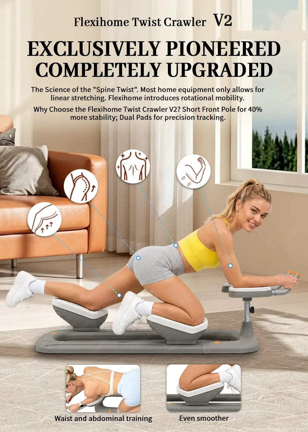 gray flexihome twist crawler v2 home exercise machine with adjustable dual pads and a short front pole designed for abdomen exercise and portable back stretching.