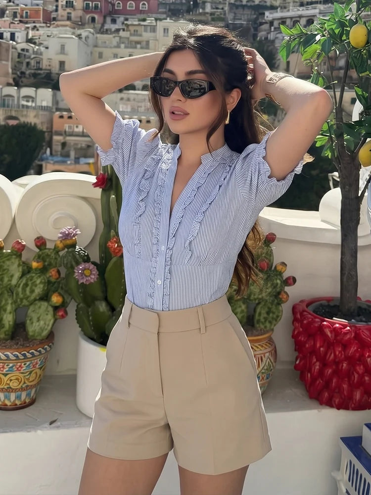 HH Casual Women's Layered Embellished Poplin Shirt Summer Female Chic V-Neck Striped Puff Sleeve Single Breasted Short Blouse