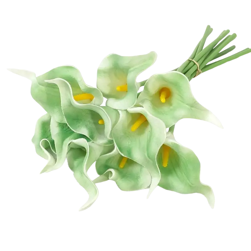 A delicate bouquet of light green calla lily simulation flowers with yellow centers for home decor and wedding arrangement