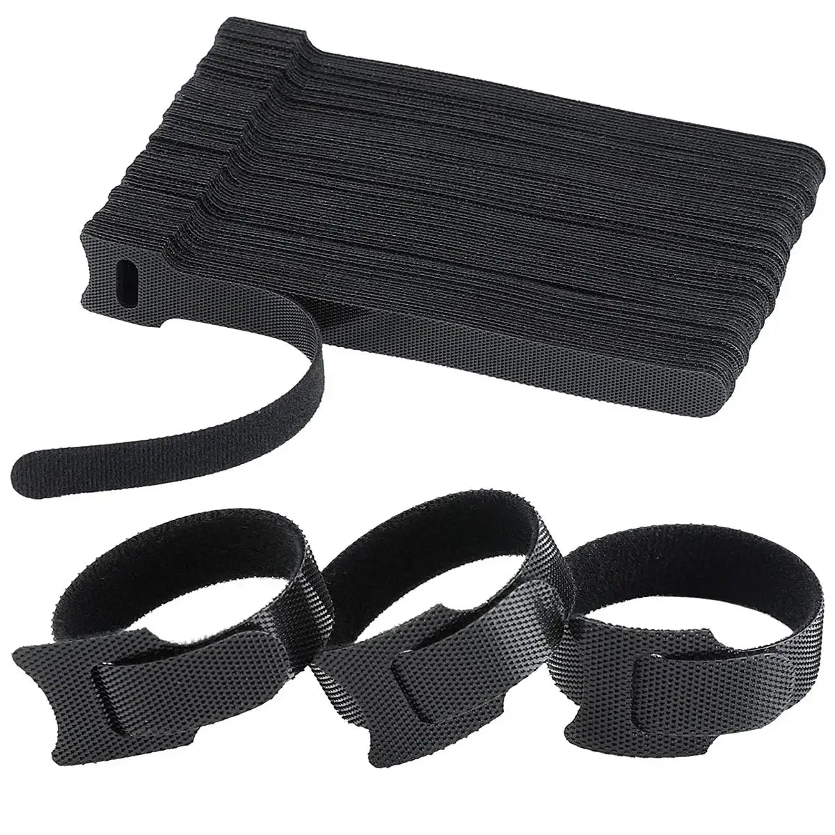 Black cable organizer strap and wire management tie in black velcro with a textured woven fabric surface and reinforced plastic ends.