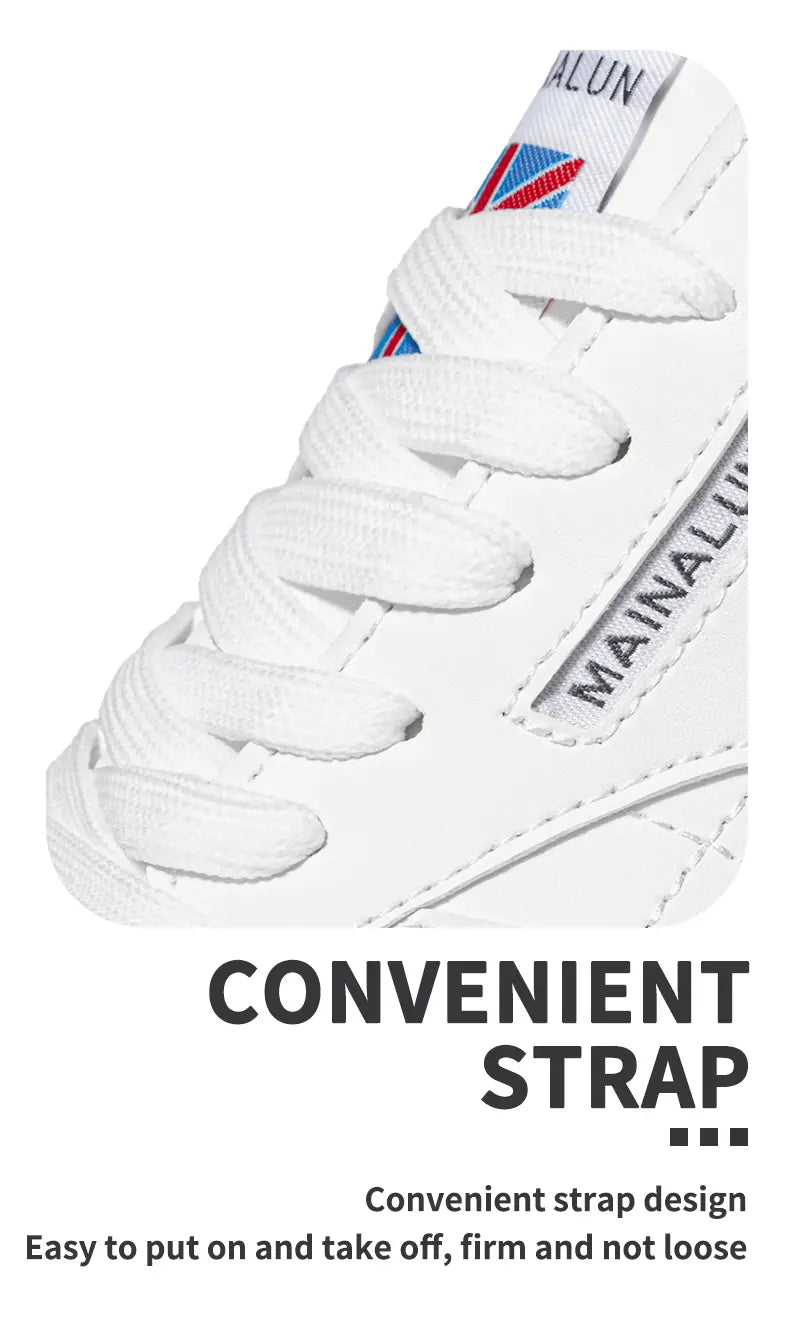 Herren-Freizeitsneaker aus weißem Leder, Sportschuhe mit weißem Schnürdesign und praktischem Riemen sowie Markenzeichen „mainalun“ an der Seite.