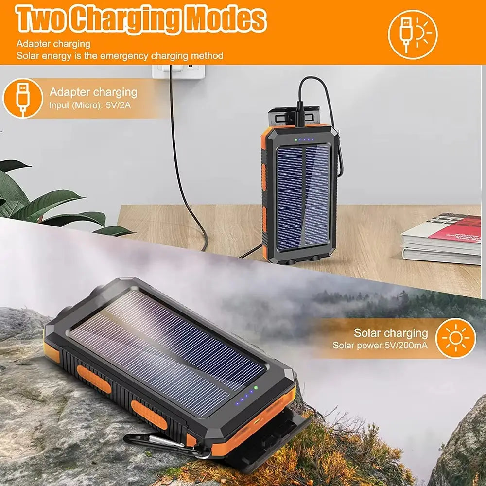 Banco de energía solar resistente naranja y negro de 80000 mAh con puerto USB incorporado para carga rápida de dispositivos
