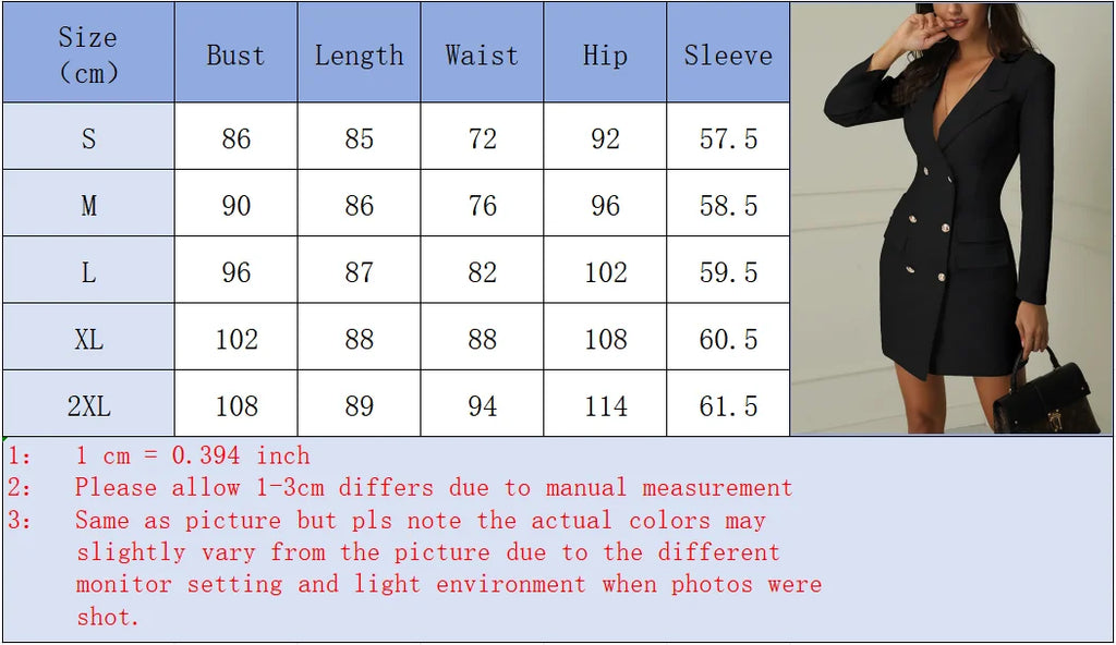 Women's Black Double Breasted Blazer Dress Long Sleeve Deep V Bodycon Mini Formal Office Party Cocktail Business Dresses