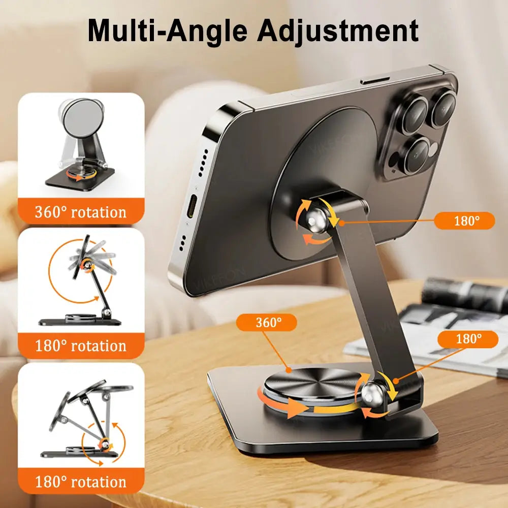 soporte y portateléfono magnético negro para iPhone con funciones de ajuste de múltiples ángulos mostradas desde el ángulo frontal