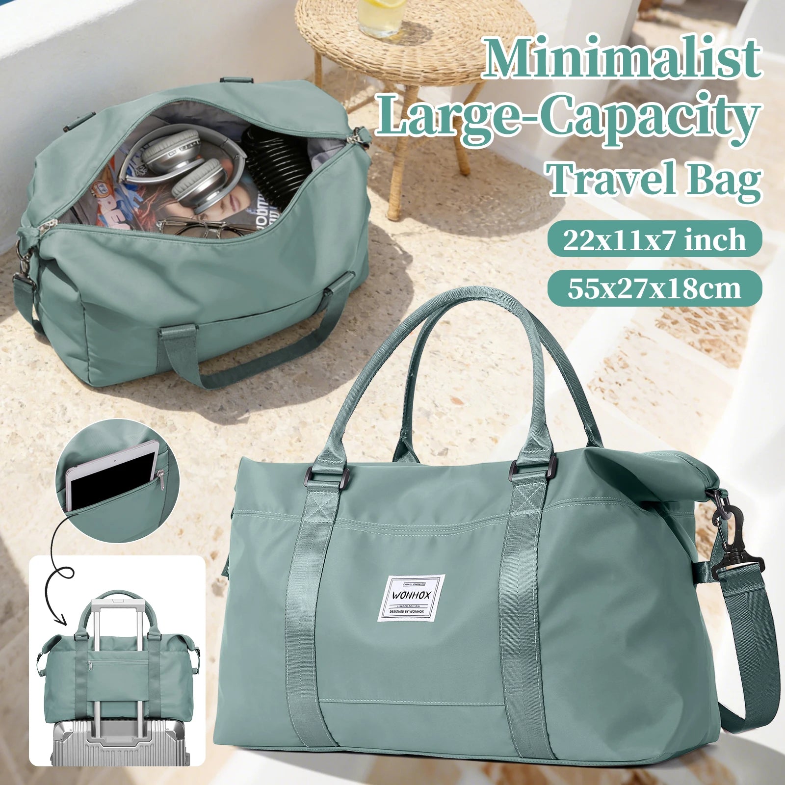 A minimalist large-capacity travel duffel bag in soft sage green made of durable nylon with reinforced handles and a detachable shoulder strap.