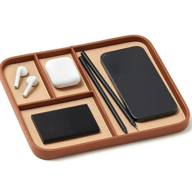 Leather Storage Tray, Desktop Bedside Organizer Tray for Phone Watch Keys Jewelry, Minimalist European Style Home Office Decor