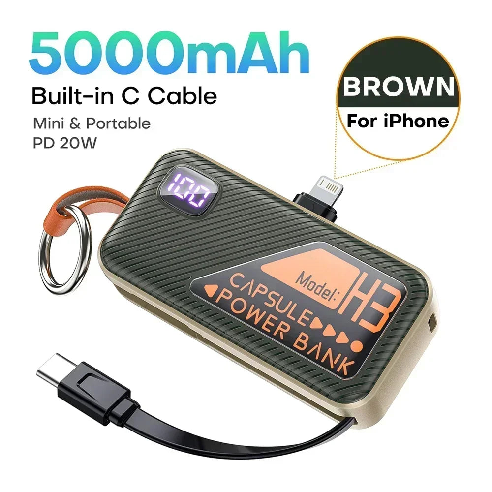 Mini Portable Power Bank 5000mAh PD20W Fast Charger Built-in Cable Digital Display External Battery For IOS Android Smartphones
