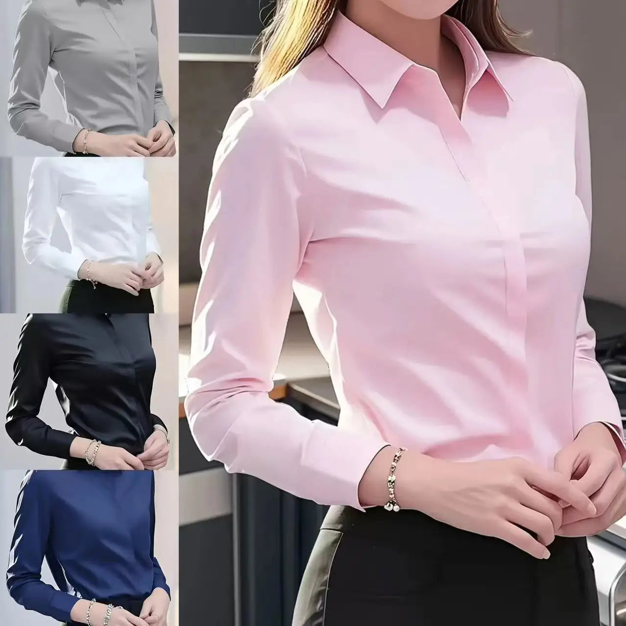 A sleek pink fitted long sleeve silk blouse dress shirt with a crisp collar and button-down front.
