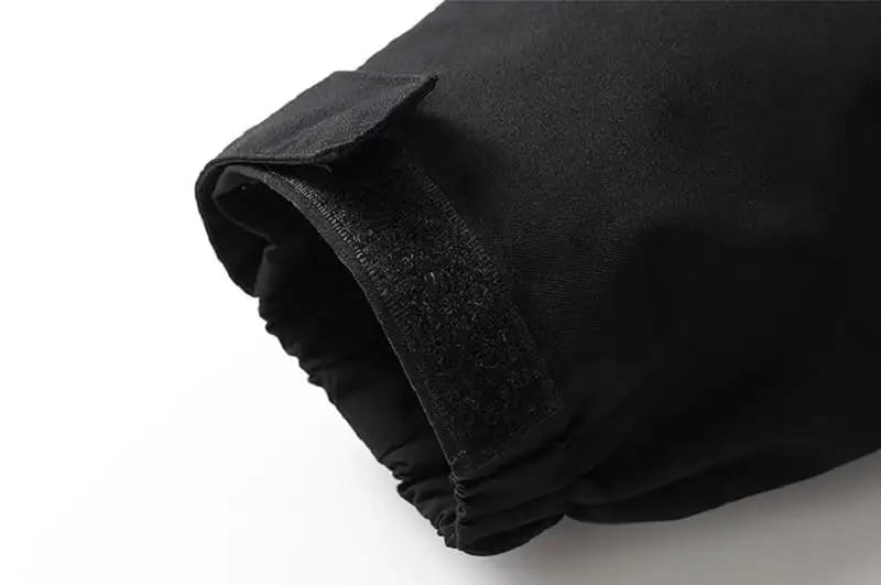 black cotton sleeve with elasticated cuff and a small flap detail on men waterproof hiking jacket windbreaker outdoor hooded coat