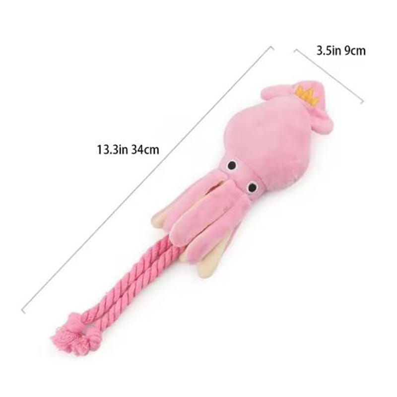 Pink plush octopus chew toy with braided rope tail and black button eyes designed as a sound plush dog toy.