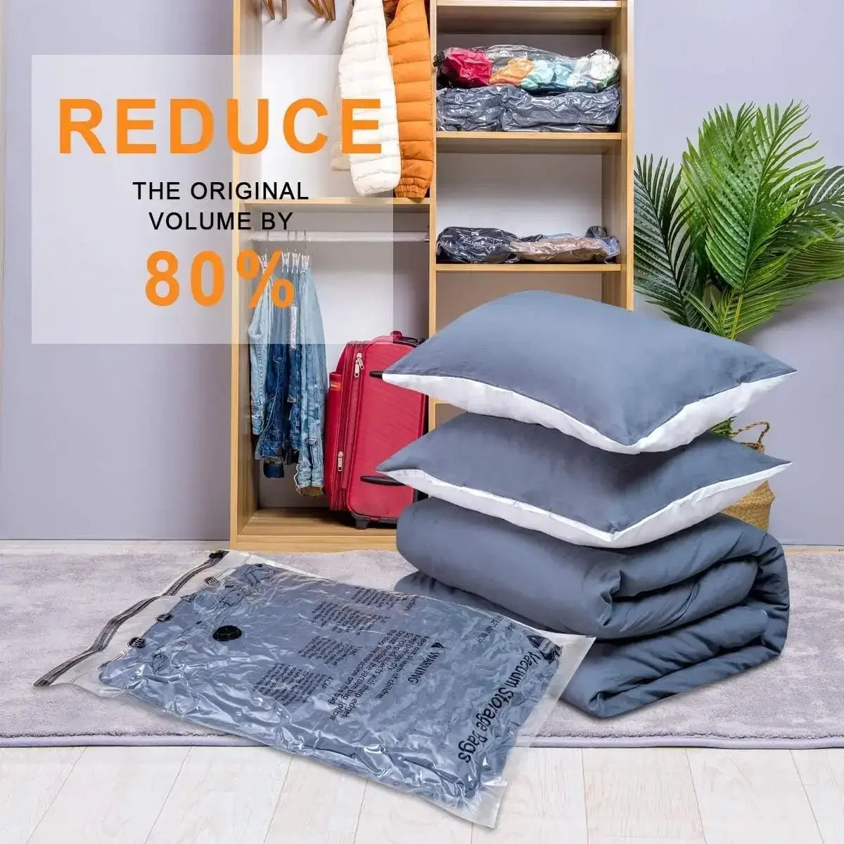 sacs de rangement sous vide transparents, lot de 20 « space saver », avec fermetures noires à fermeture éclair et instructions imprimées, conçus pour réduire le volume des vêtements et du linge de lit afin de gérer efficacement l’espace de rangement.