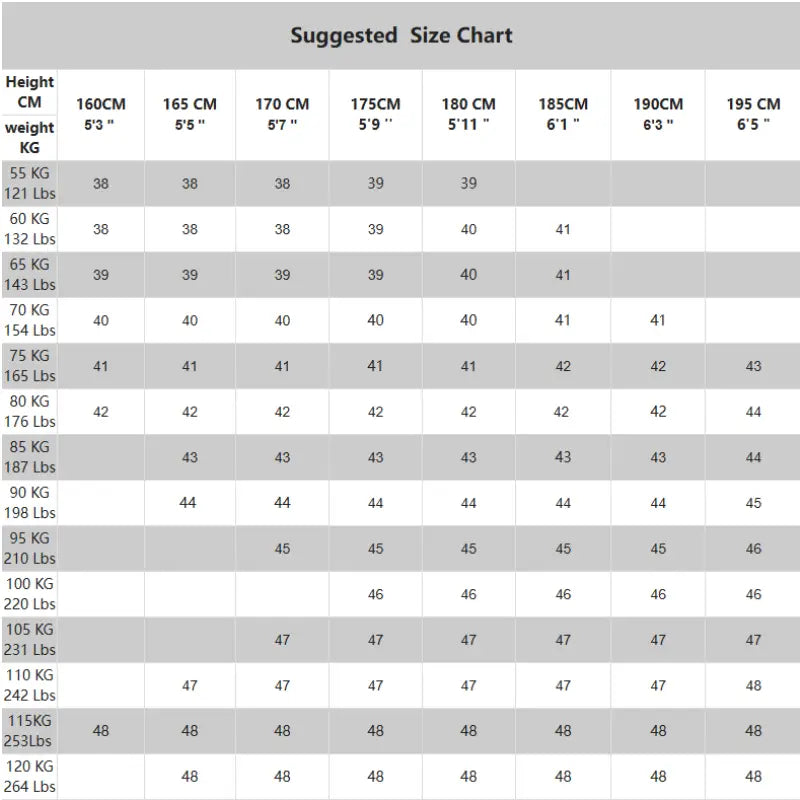 A gray and white size chart for a men long sleeve dress shirt anti wrinkle formal office white showing height in centimeters and inches alongside weight in kilograms and pounds across various sizes.