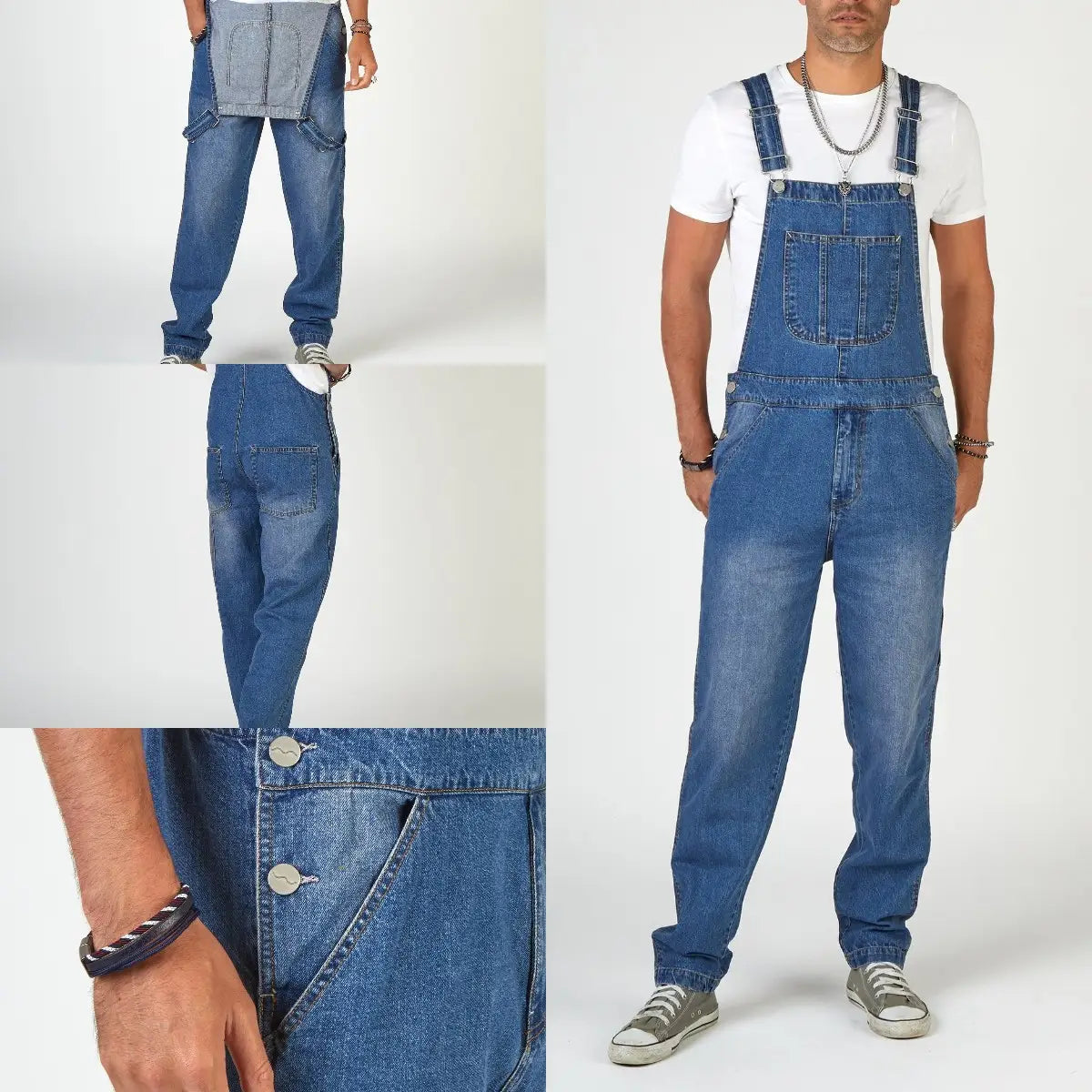 Herren-Jeanslatzhose mit geradem Bein und schlichter Jumpsuit-Passform in blauem Denim mit klassischem Design, mit robusten Nähten und mehreren Taschen.