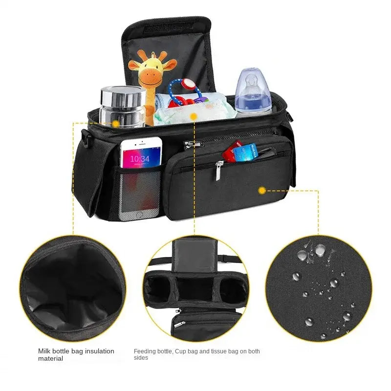schwarze Babywagen-Organizer-Tasche, hohe Kapazität, mit mehreren Fächern, isoliertem Milchflaschenbereich und wasserdichtem Material